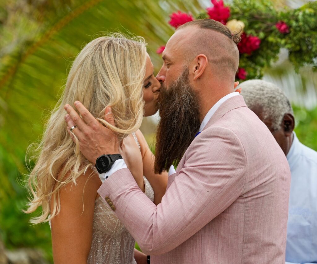 MAFS NZ stars Kara and Mike kiss at their wedding