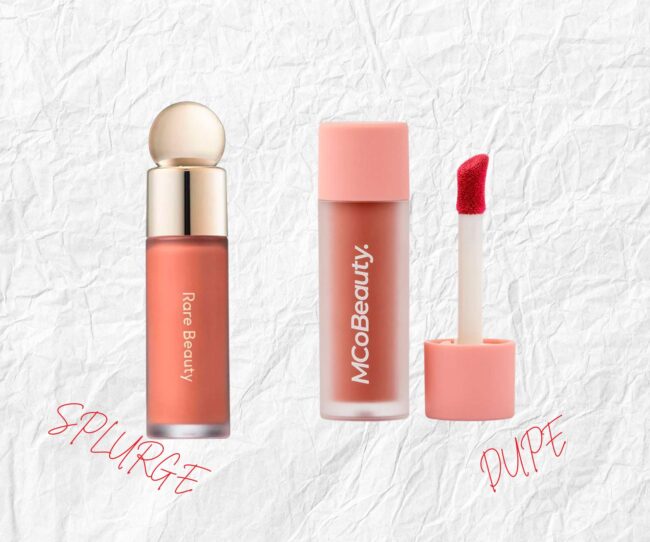 A tube of Rare Beauty liquid blush on the left above the word 'SPLURGE' and a tube of MCoBeauty liquid blush on the right above the word 'DUPE'